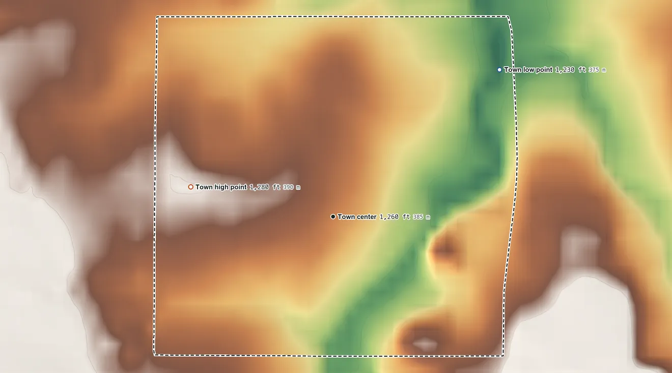 Topographic elevation map of Valley Brook, Oklahoma, shaded from 1,230 ft on the northeast side to 1,280 ft on the west side