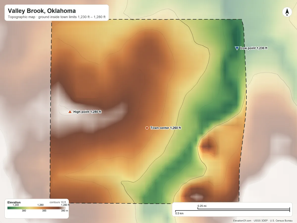 Topographic elevation map of Valley Brook, Oklahoma, shaded from 1,230 ft on the northeast side to 1,280 ft on the west side
