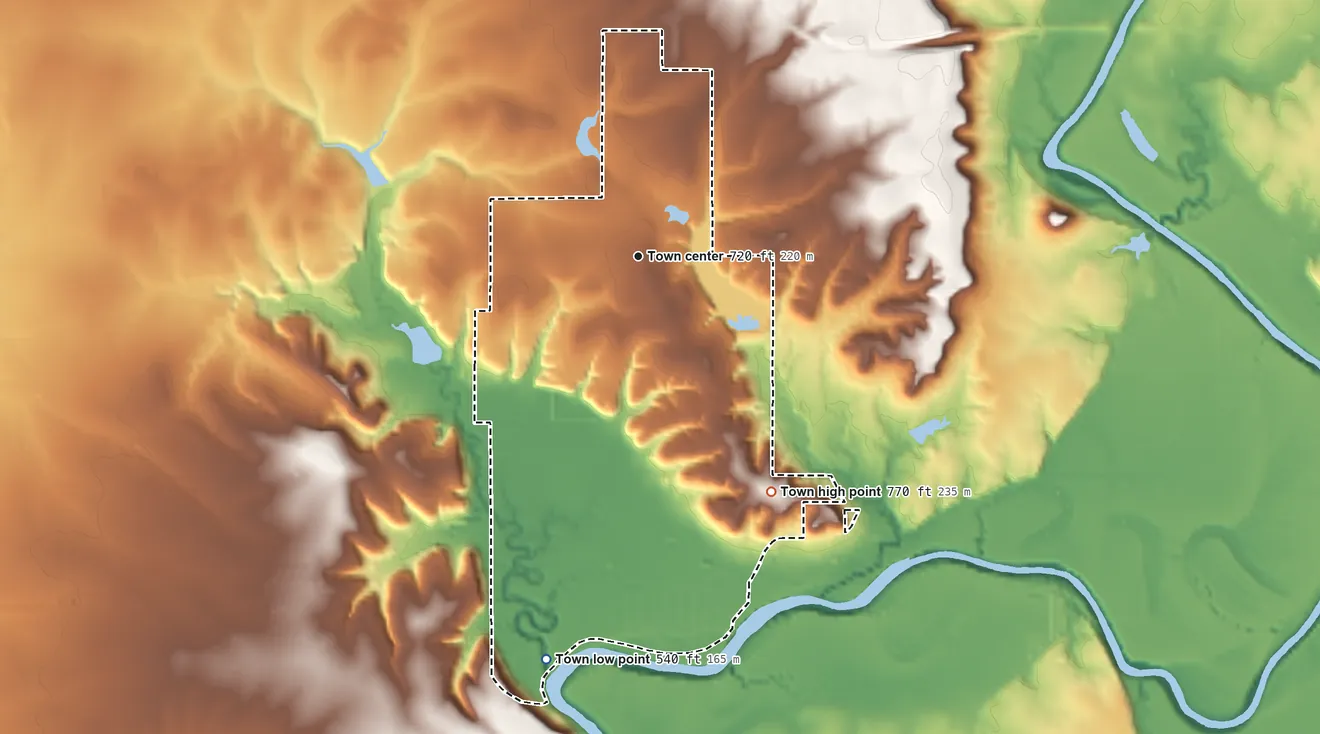 Topographic elevation map of Valley Park, Oklahoma, shaded from 540 ft on the south side to 770 ft on the southeast side