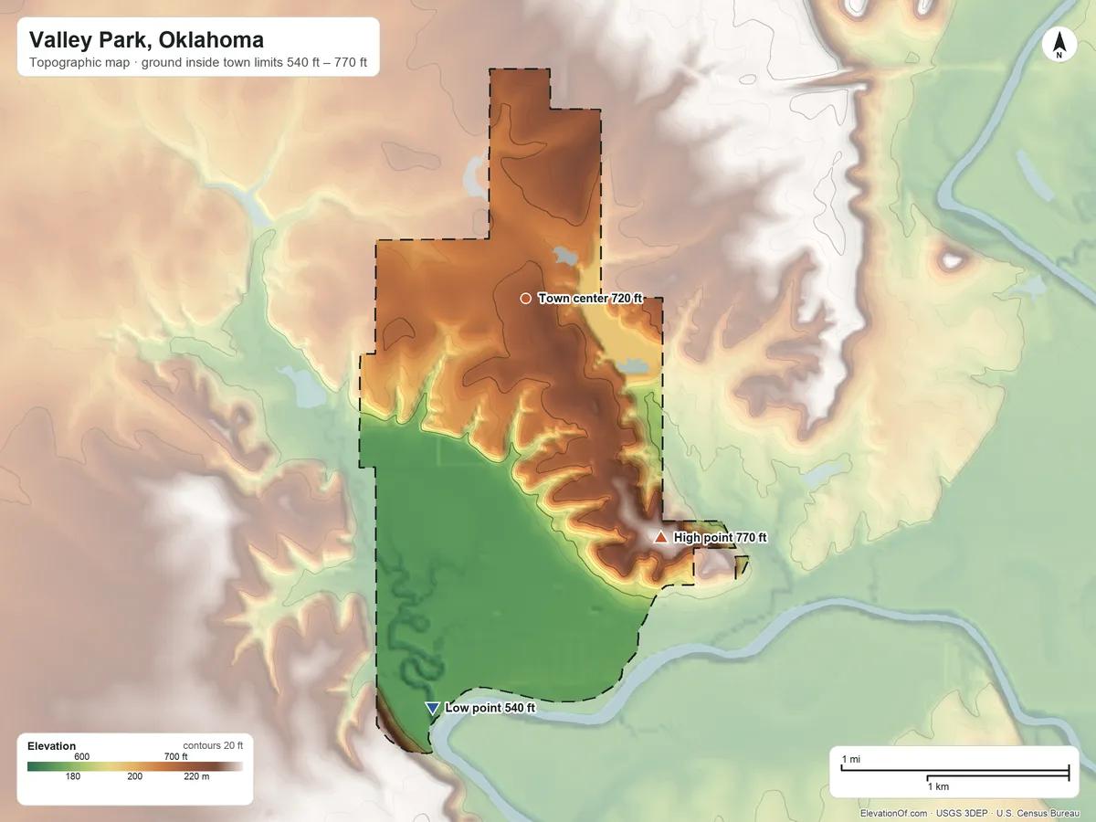 Topographic elevation map of Valley Park, Oklahoma, shaded from 540 ft on the south side to 770 ft on the southeast side