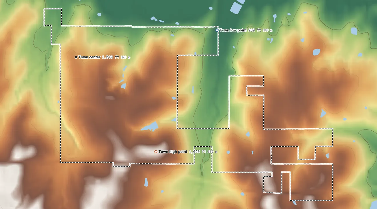 Topographic elevation map of Velma, Oklahoma, shaded from 980 ft on the east side to 1,090 ft on the southeast side