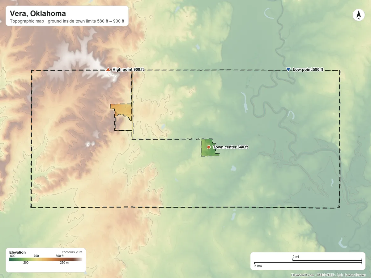 Topographic elevation map of Vera, Oklahoma, shaded from 580 ft on the northeast side to 900 ft on the northwest side