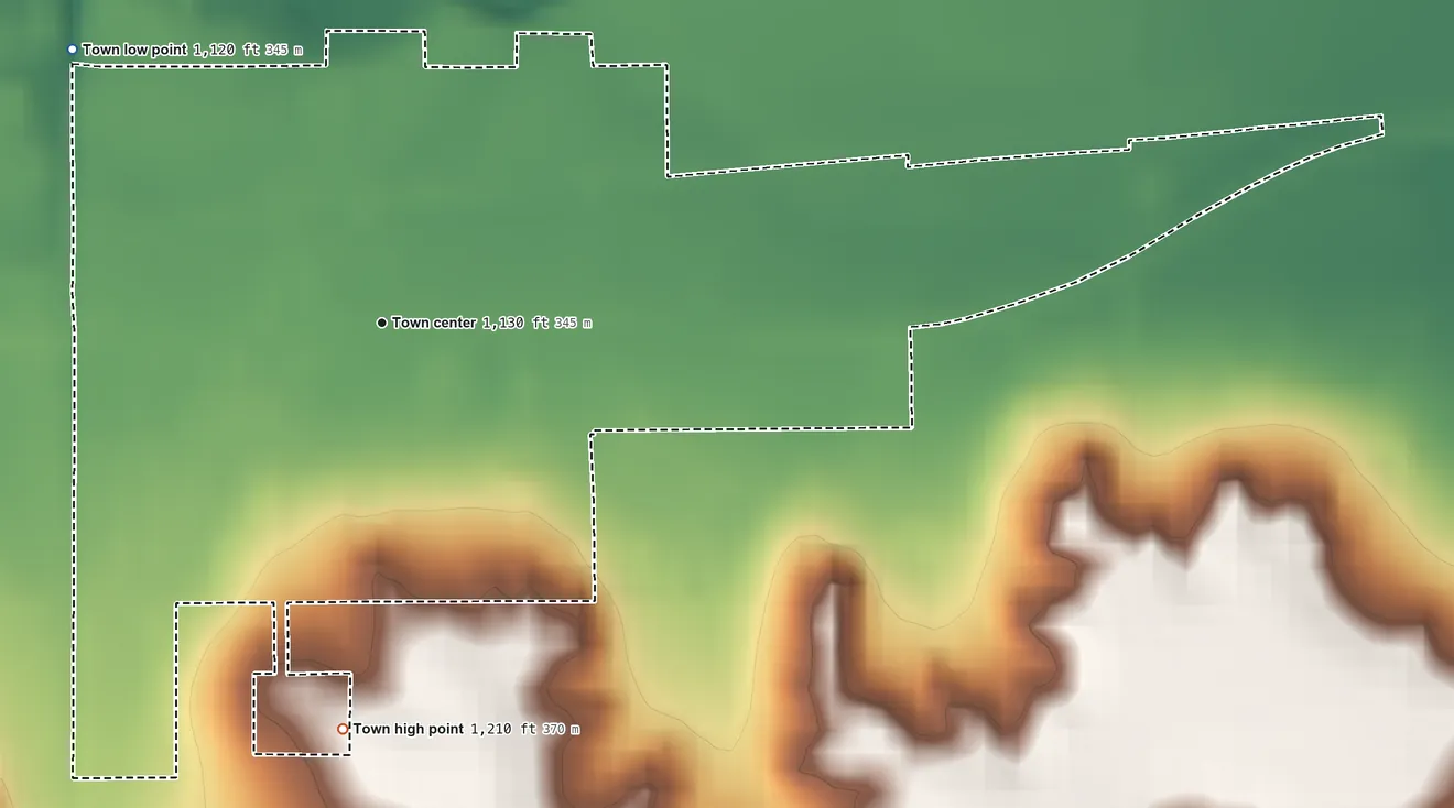 Topographic elevation map of Verden, Oklahoma, shaded from 1,120 ft on the northwest side to 1,210 ft on the south side