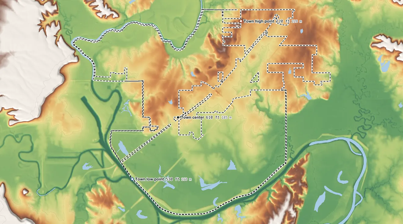 Topographic elevation map of Verdigris, Oklahoma, shaded from 530 ft on the southwest side to 720 ft on the northeast side