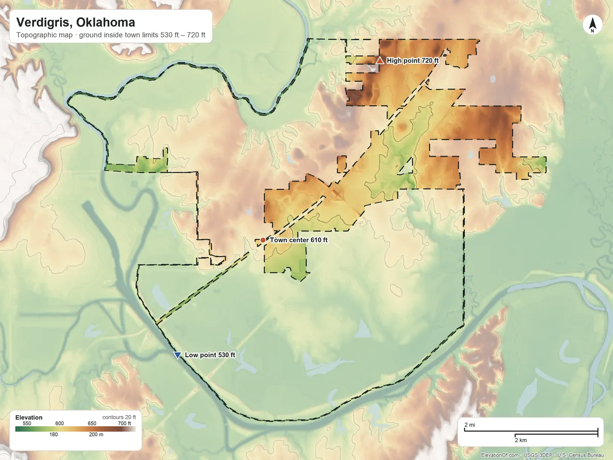 Topographic elevation map of Verdigris, Oklahoma, shaded from 530 ft on the southwest side to 720 ft on the northeast side