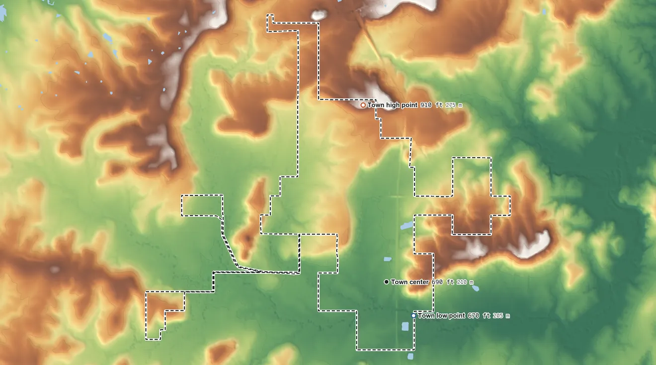 Topographic elevation map of Vernon, Oklahoma, shaded from 670 ft near the middle to 910 ft on the north side