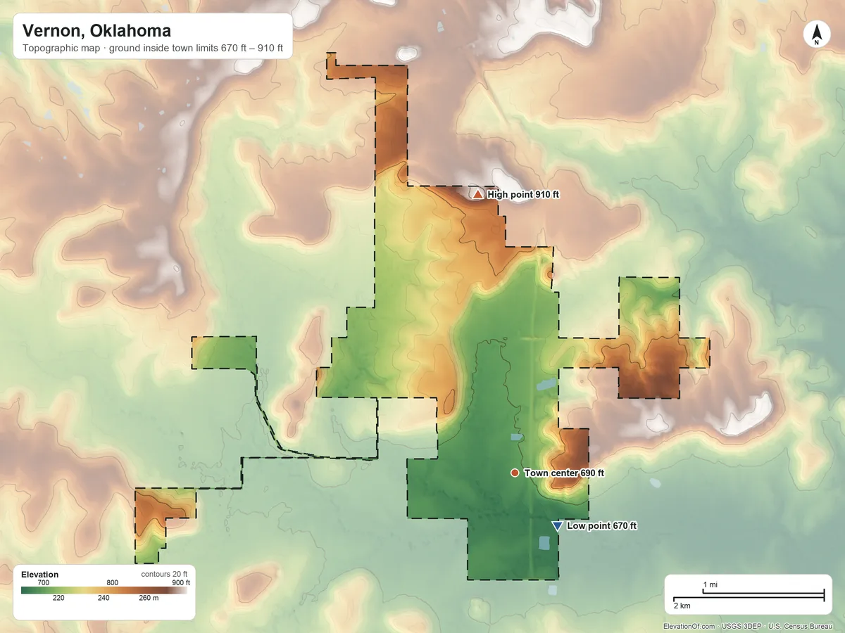 Topographic elevation map of Vernon, Oklahoma, shaded from 670 ft near the middle to 910 ft on the north side