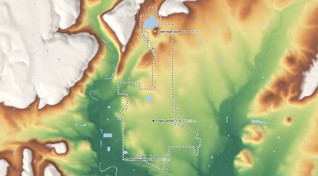 Topographic elevation map of Vian, Oklahoma, shaded from 500 ft on the southwest side to 680 ft on the north side