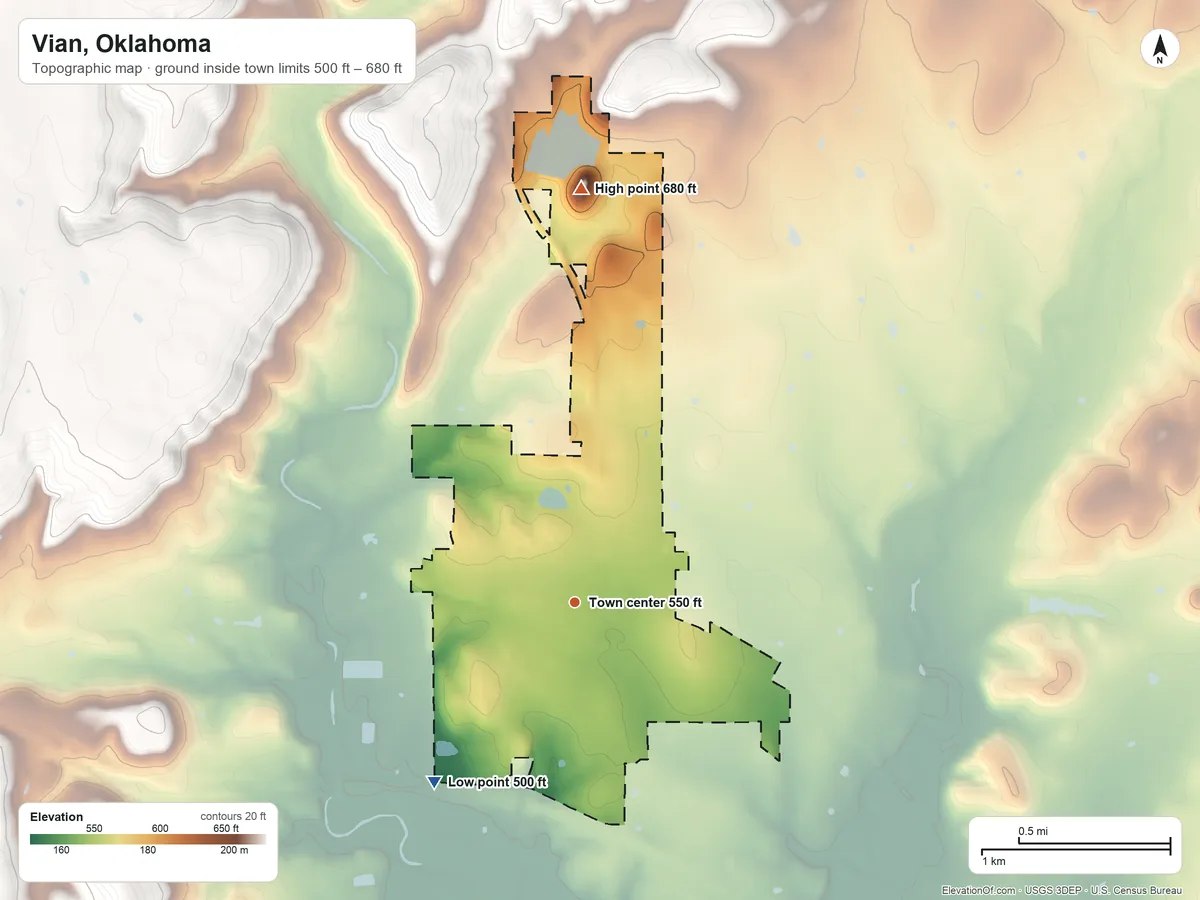 Topographic elevation map of Vian, Oklahoma, shaded from 500 ft on the southwest side to 680 ft on the north side