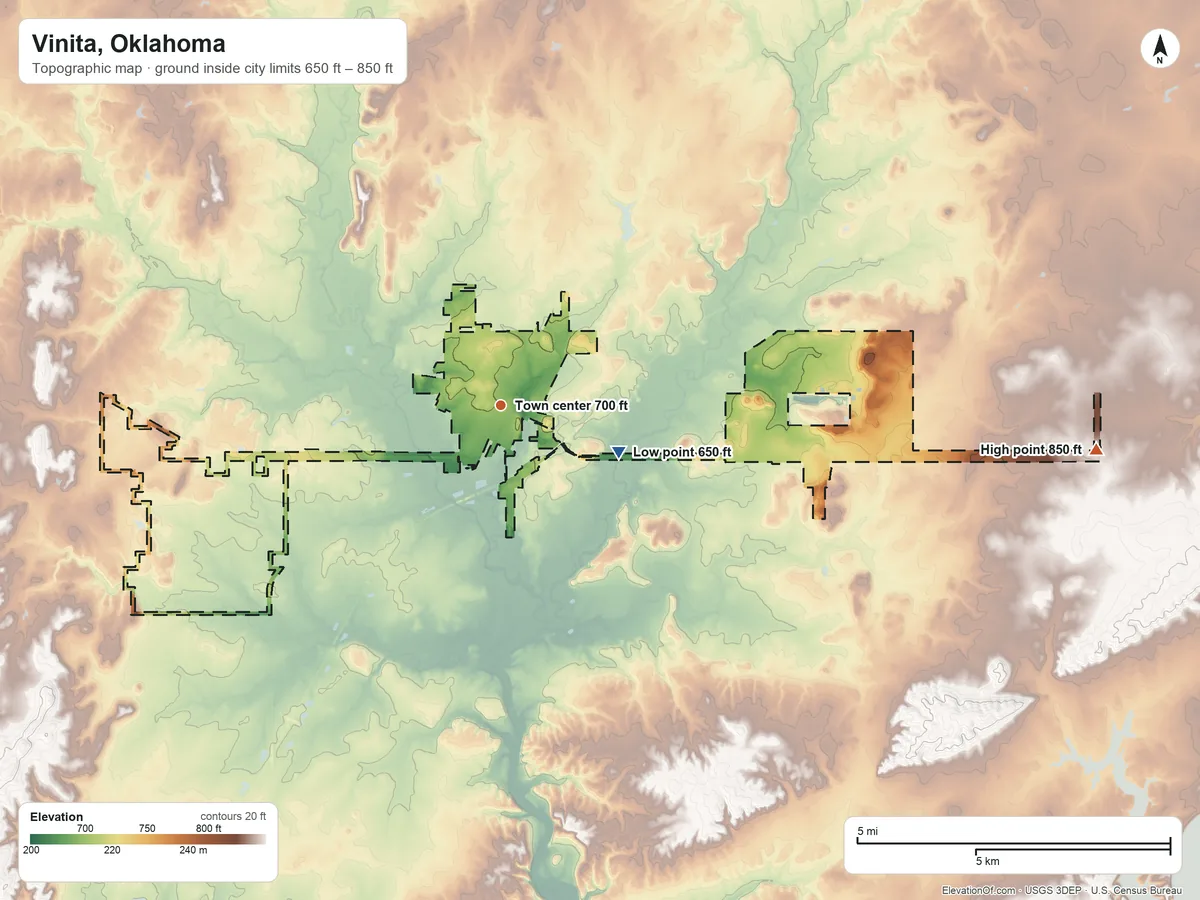 Topographic elevation map of Vinita, Oklahoma, shaded from 650 ft on the east side to 850 ft on the east side