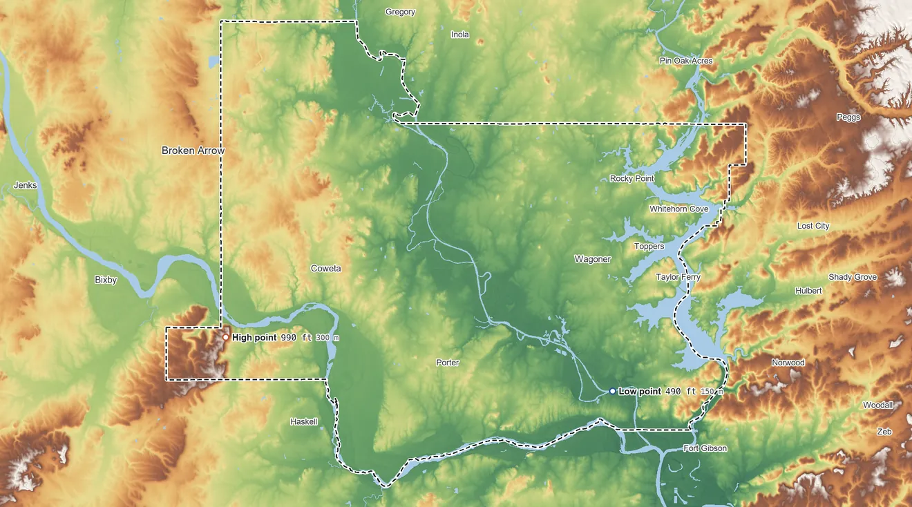 Topographic elevation map of Wagoner County, Oklahoma, shaded from 490 ft on the southeast side to 990 ft on Conjada Mountains