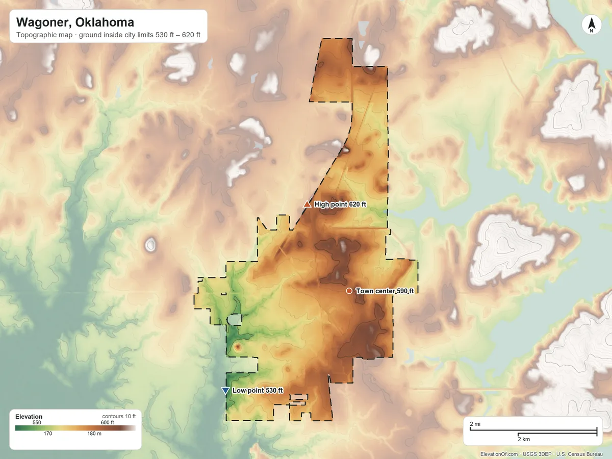 Topographic elevation map of Wagoner, Oklahoma, shaded from 530 ft on the southwest side to 620 ft on the northwest side