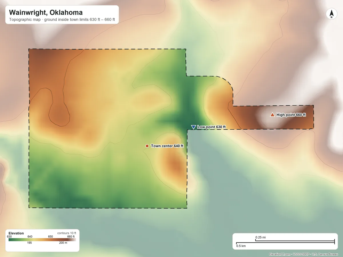 Topographic elevation map of Wainwright, Oklahoma, shaded from 630 ft on the east side to 660 ft on the east side