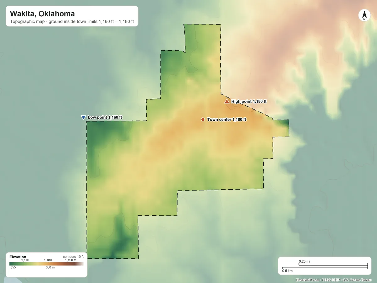 Topographic elevation map of Wakita, Oklahoma, shaded from 1,160 ft on the west side to 1,180 ft near the middle