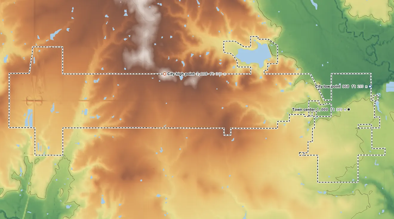 Topographic elevation map of Walters, Oklahoma, shaded from 960 ft near the middle to 1,110 ft on the west side
