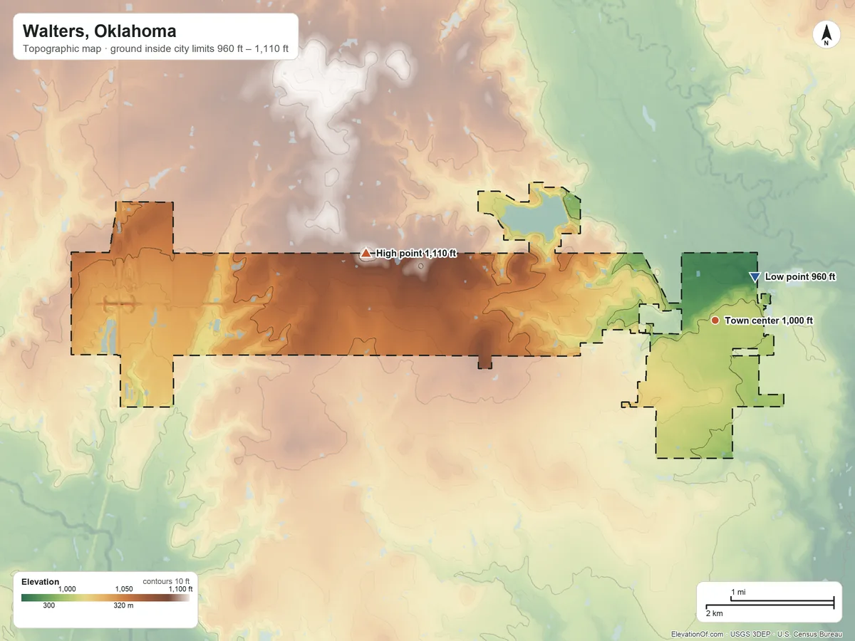 Topographic elevation map of Walters, Oklahoma, shaded from 960 ft near the middle to 1,110 ft on the west side