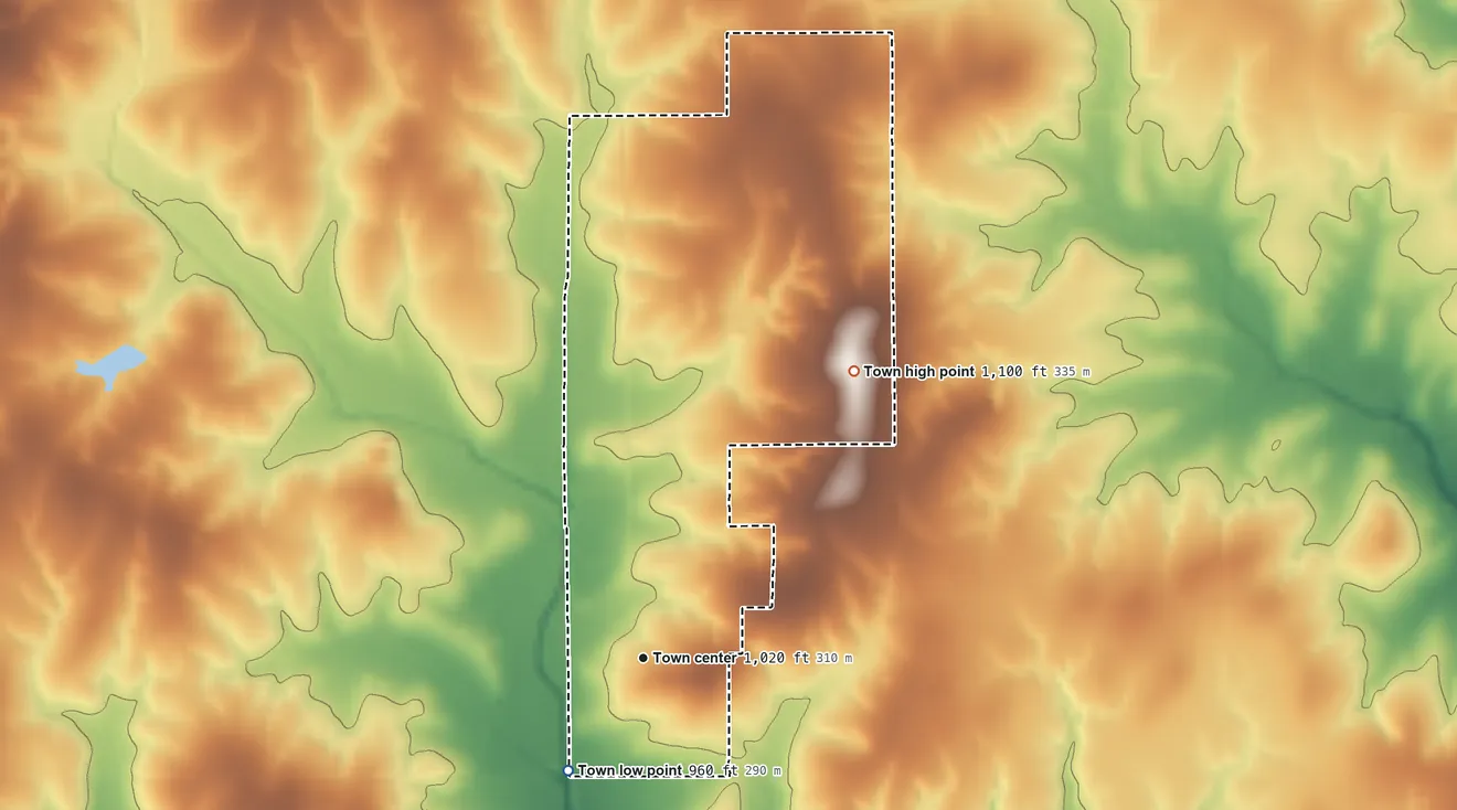 Topographic elevation map of Wanette, Oklahoma, shaded from 960 ft on the southwest side to 1,100 ft on the northeast side