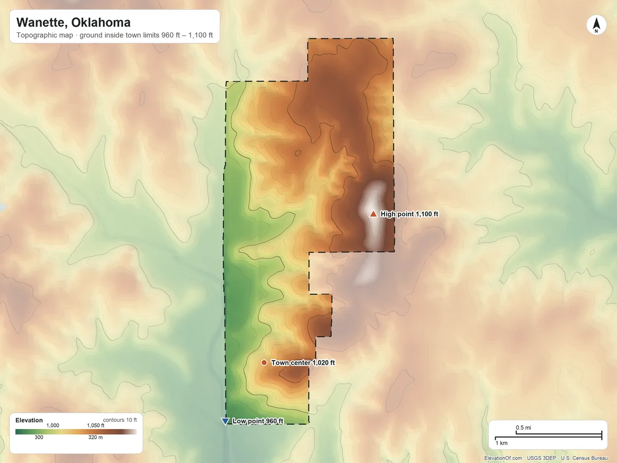 Topographic elevation map of Wanette, Oklahoma, shaded from 960 ft on the southwest side to 1,100 ft on the northeast side