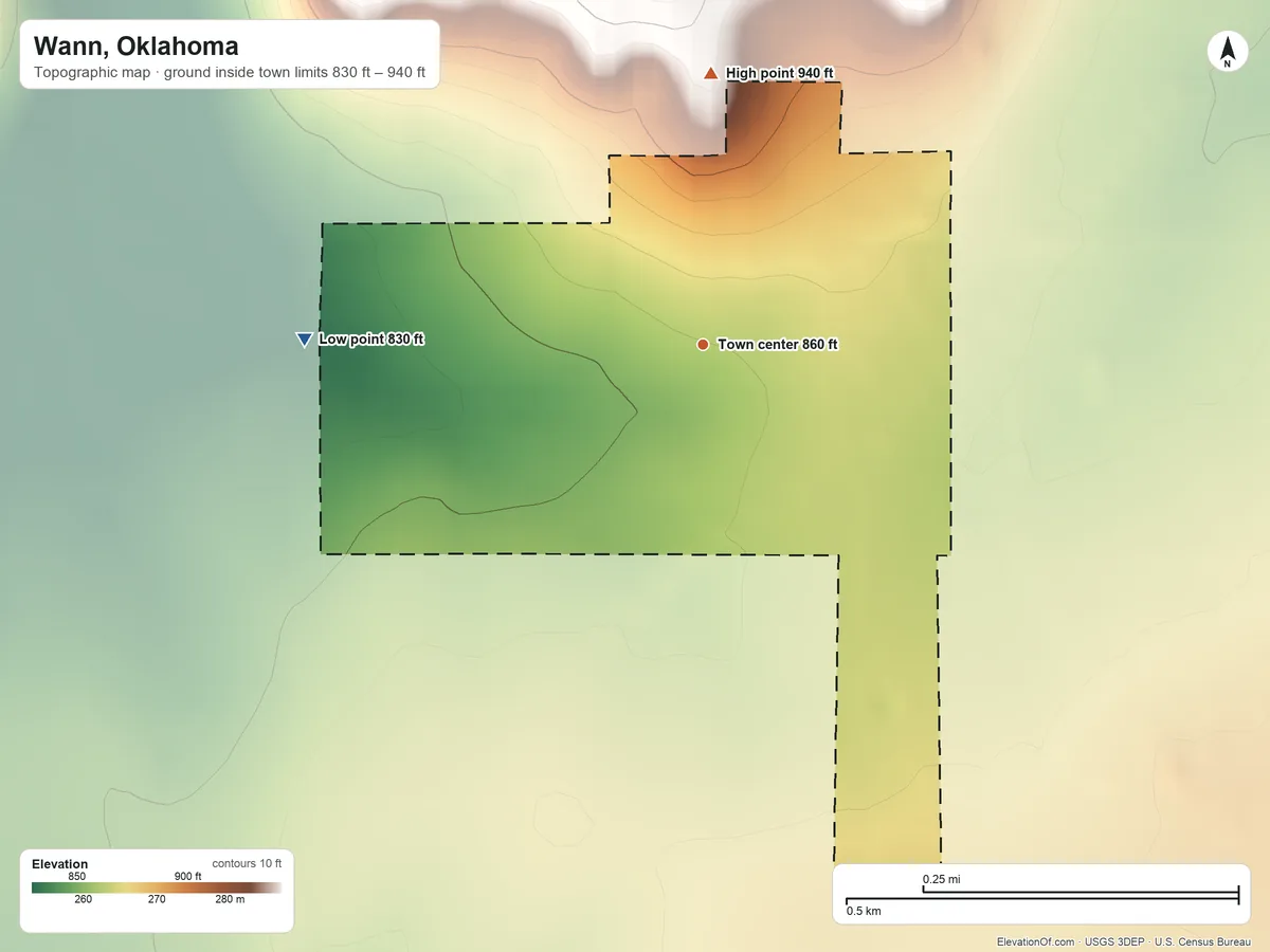 Topographic elevation map of Wann, Oklahoma, shaded from 830 ft on the west side to 940 ft on the north side