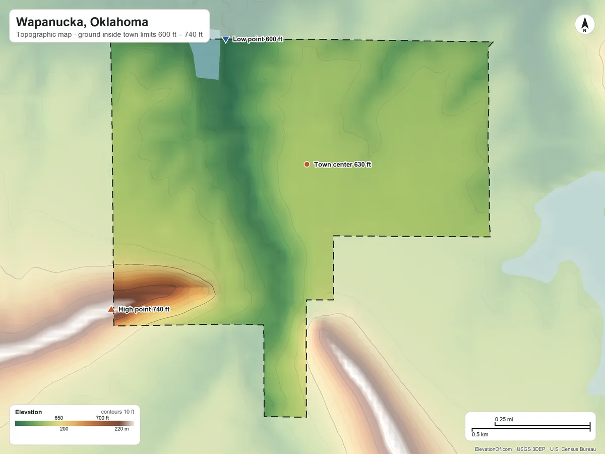 Topographic elevation map of Wapanucka, Oklahoma, shaded from 600 ft on the northwest side to 740 ft on the southwest side