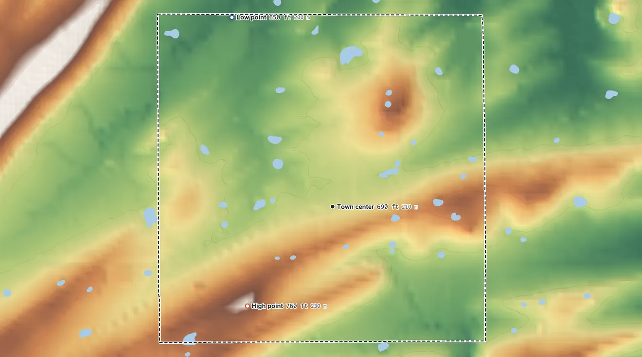 Topographic elevation map of Wardville, Oklahoma, shaded from 650 ft on the northwest side to 760 ft on the southwest side