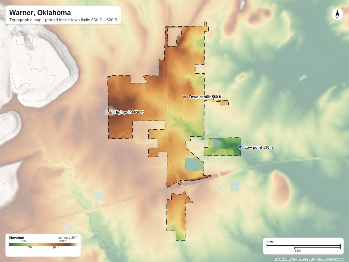 Topographic elevation map of Warner, Oklahoma, shaded from 530 ft on the southeast side to 620 ft on the west side