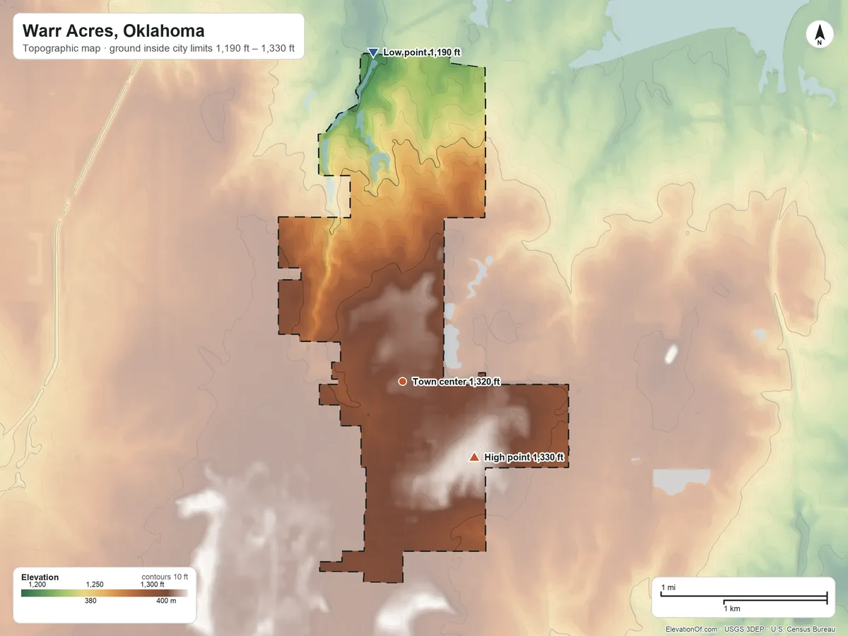 Topographic elevation map of Warr Acres, Oklahoma, shaded from 1,190 ft on the north side to 1,330 ft on the southeast side