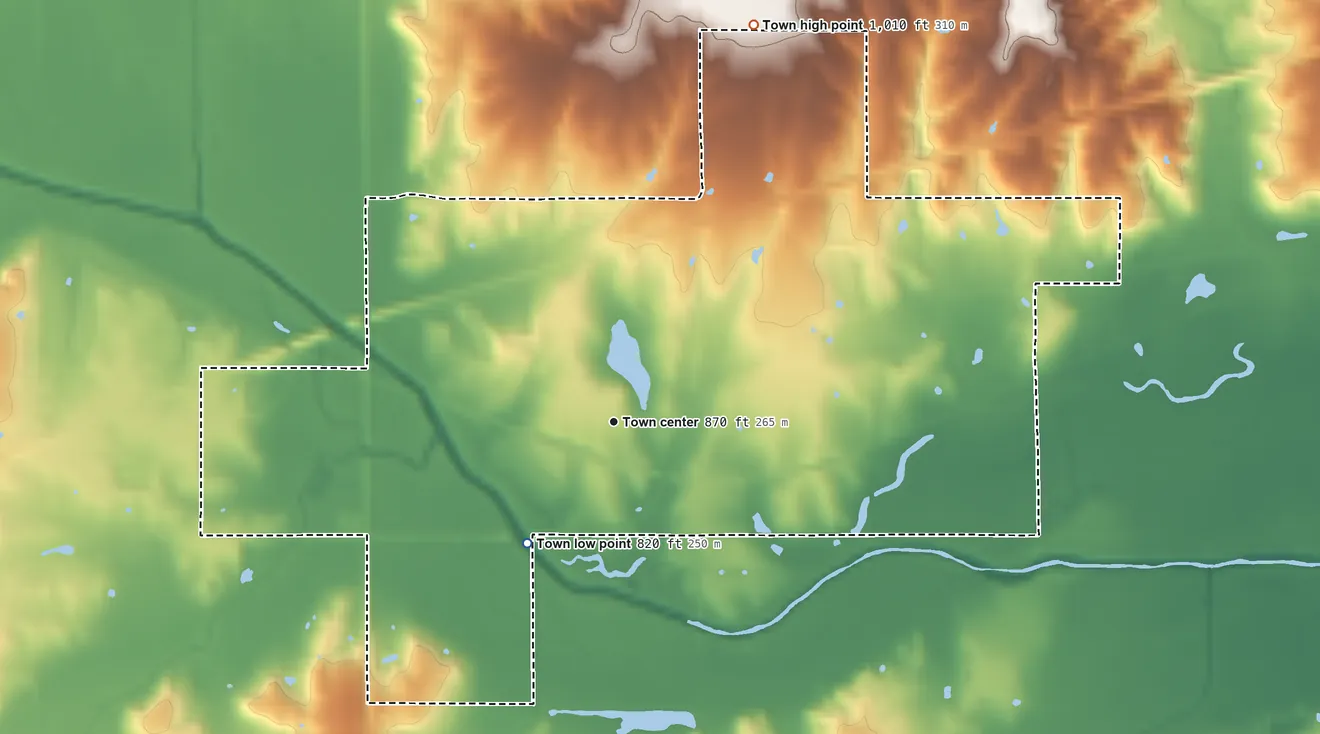 Topographic elevation map of Warwick, Oklahoma, shaded from 820 ft on the southwest side to 1,010 ft on the north side
