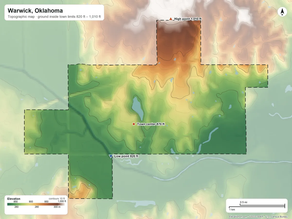 Topographic elevation map of Warwick, Oklahoma, shaded from 820 ft on the southwest side to 1,010 ft on the north side
