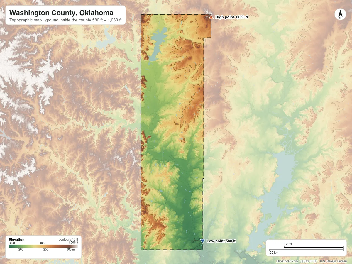 Topographic elevation map of Washington County, Oklahoma, shaded from 580 ft on the south side to 1,030 ft on the north side