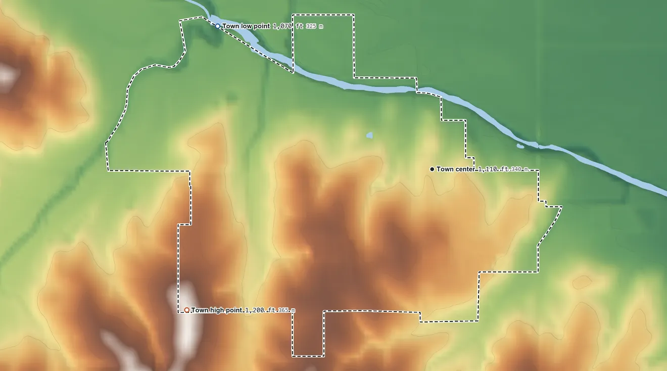 Topographic elevation map of Washington, Oklahoma, shaded from 1,070 ft on the northwest side to 1,200 ft on the southwest side