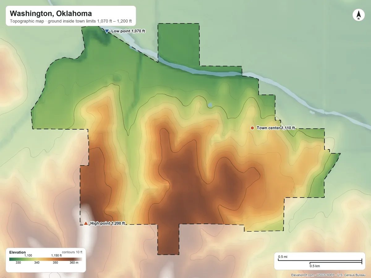 Topographic elevation map of Washington, Oklahoma, shaded from 1,070 ft on the northwest side to 1,200 ft on the southwest side