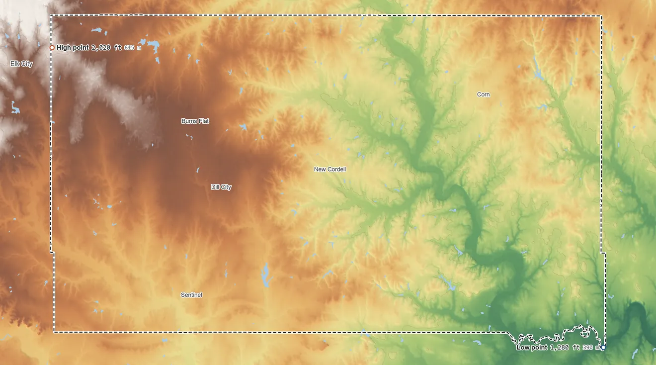 Topographic elevation map of Washita County, Oklahoma, shaded from 1,280 ft on the southeast side to 2,020 ft on the northwest side