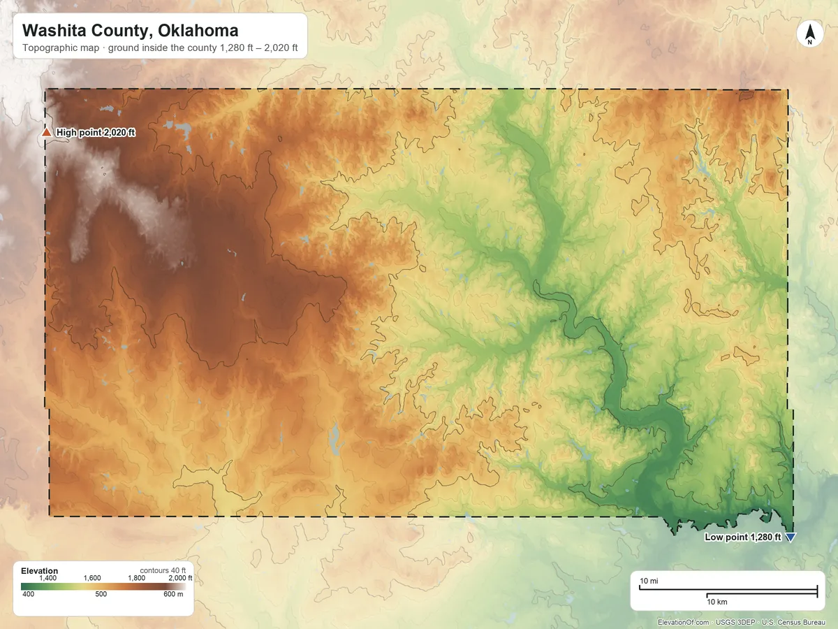 Topographic elevation map of Washita County, Oklahoma, shaded from 1,280 ft on the southeast side to 2,020 ft on the northwest side