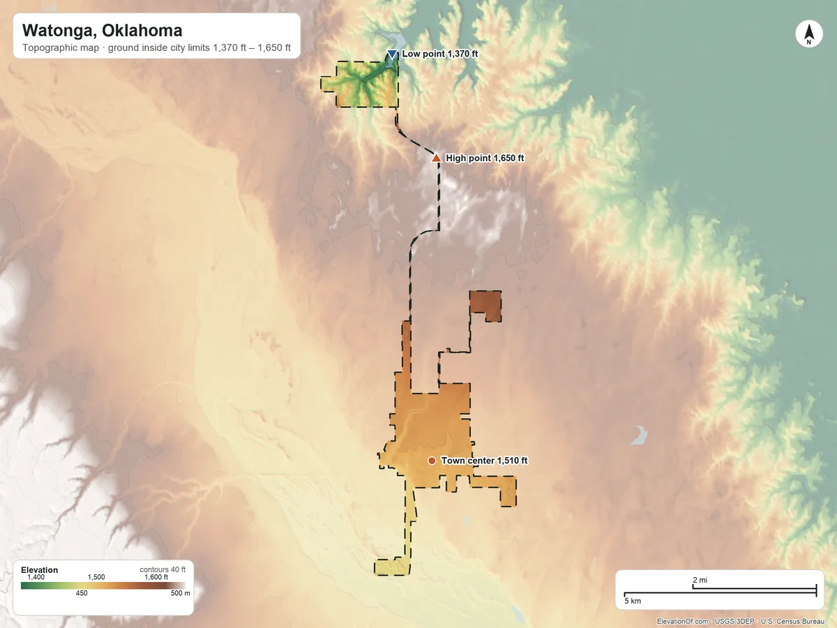 Topographic elevation map of Watonga, Oklahoma, shaded from 1,370 ft on the north side to 1,650 ft on the north side