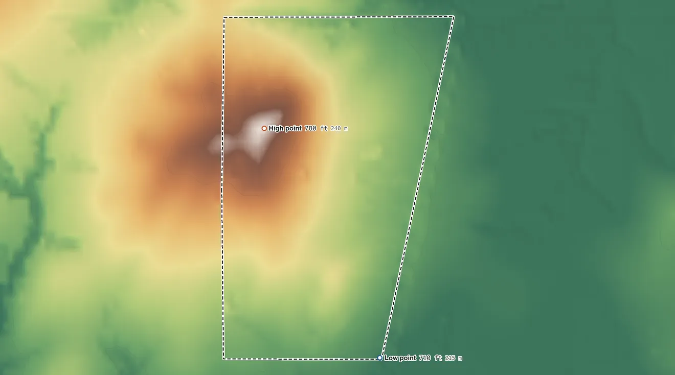 Topographic elevation map of Watova, Oklahoma, shaded from 710 ft on the south side to 780 ft on the northwest side
