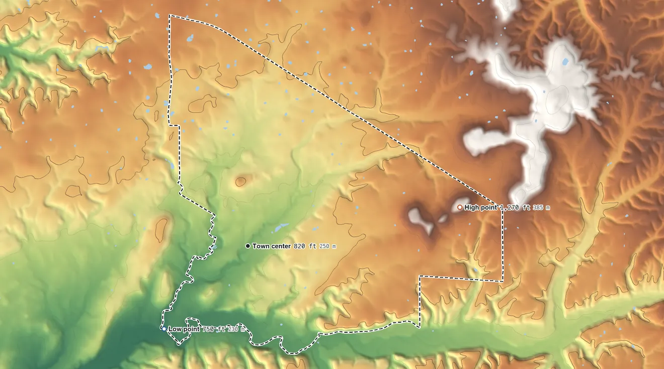 Topographic elevation map of Wauhillau, Oklahoma, shaded from 750 ft on the southwest side to 1,270 ft on the east side