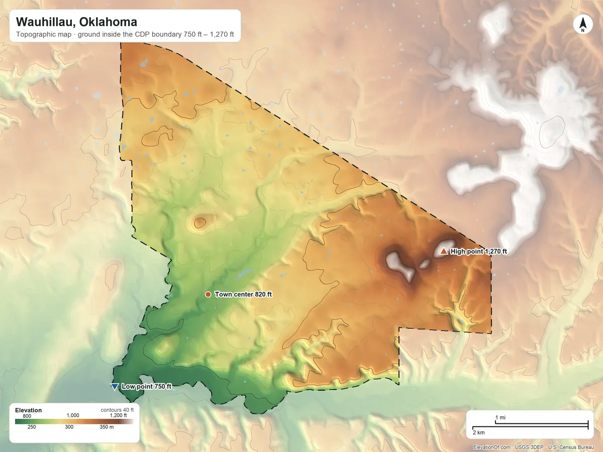 Topographic elevation map of Wauhillau, Oklahoma, shaded from 750 ft on the southwest side to 1,270 ft on the east side