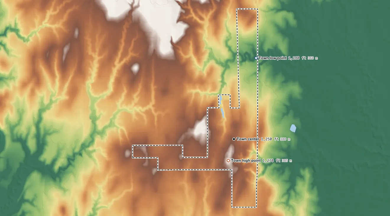 Topographic elevation map of Waukomis, Oklahoma, shaded from 1,180 ft on the north side to 1,270 ft near the middle