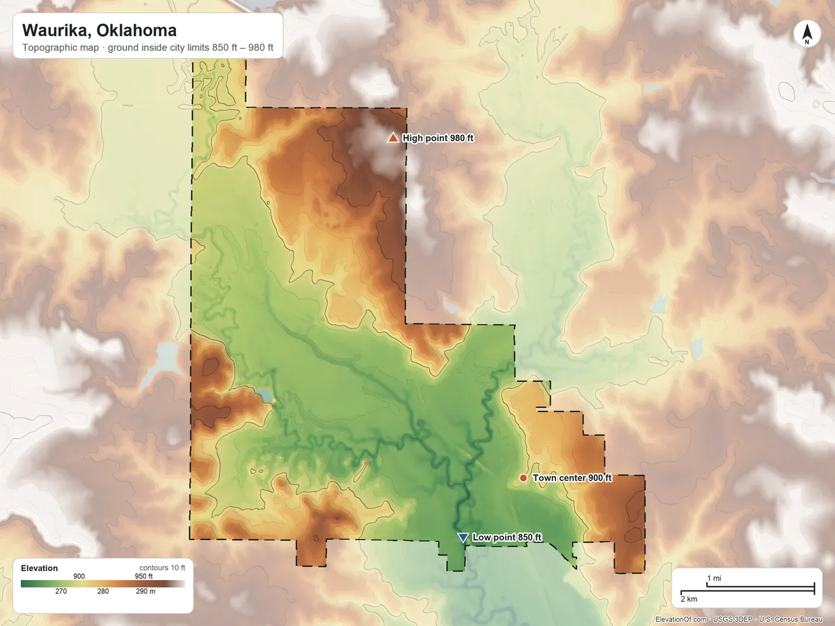 Topographic elevation map of Waurika, Oklahoma, shaded from 850 ft on the southwest side to 980 ft on the north side