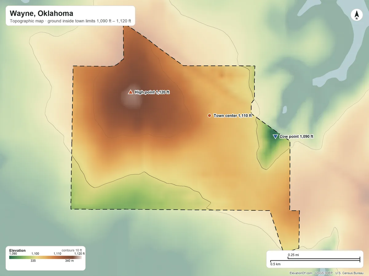 Topographic elevation map of Wayne, Oklahoma, shaded from 1,090 ft on the east side to 1,120 ft on the west side
