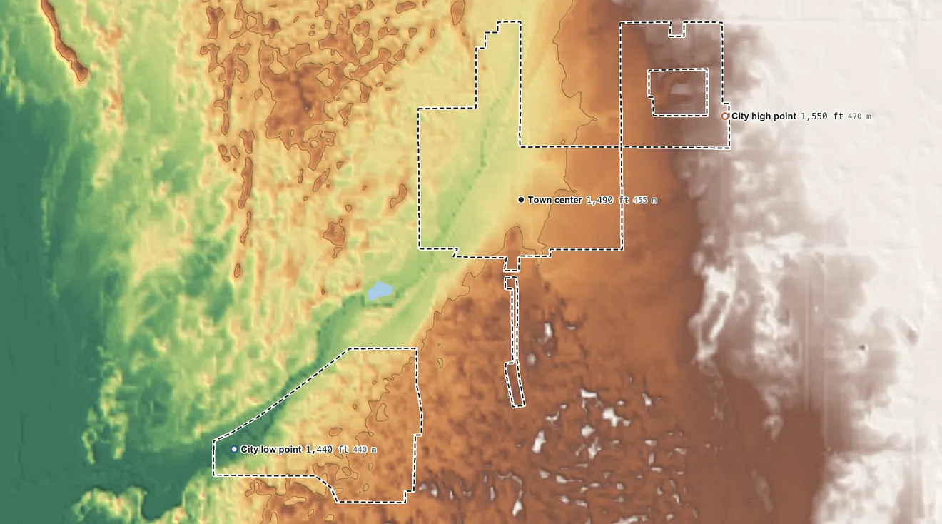 Topographic elevation map of Waynoka, Oklahoma, shaded from 1,440 ft on the southwest side to 1,550 ft on the east side