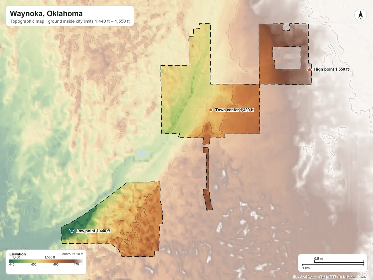 Topographic elevation map of Waynoka, Oklahoma, shaded from 1,440 ft on the southwest side to 1,550 ft on the east side