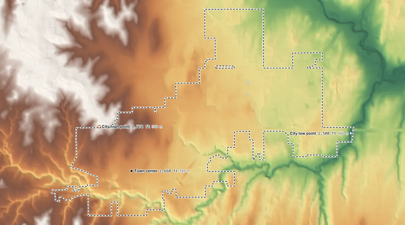 Topographic elevation map of Weatherford, Oklahoma, shaded from 1,500 ft on the east side to 1,770 ft on the northwest side