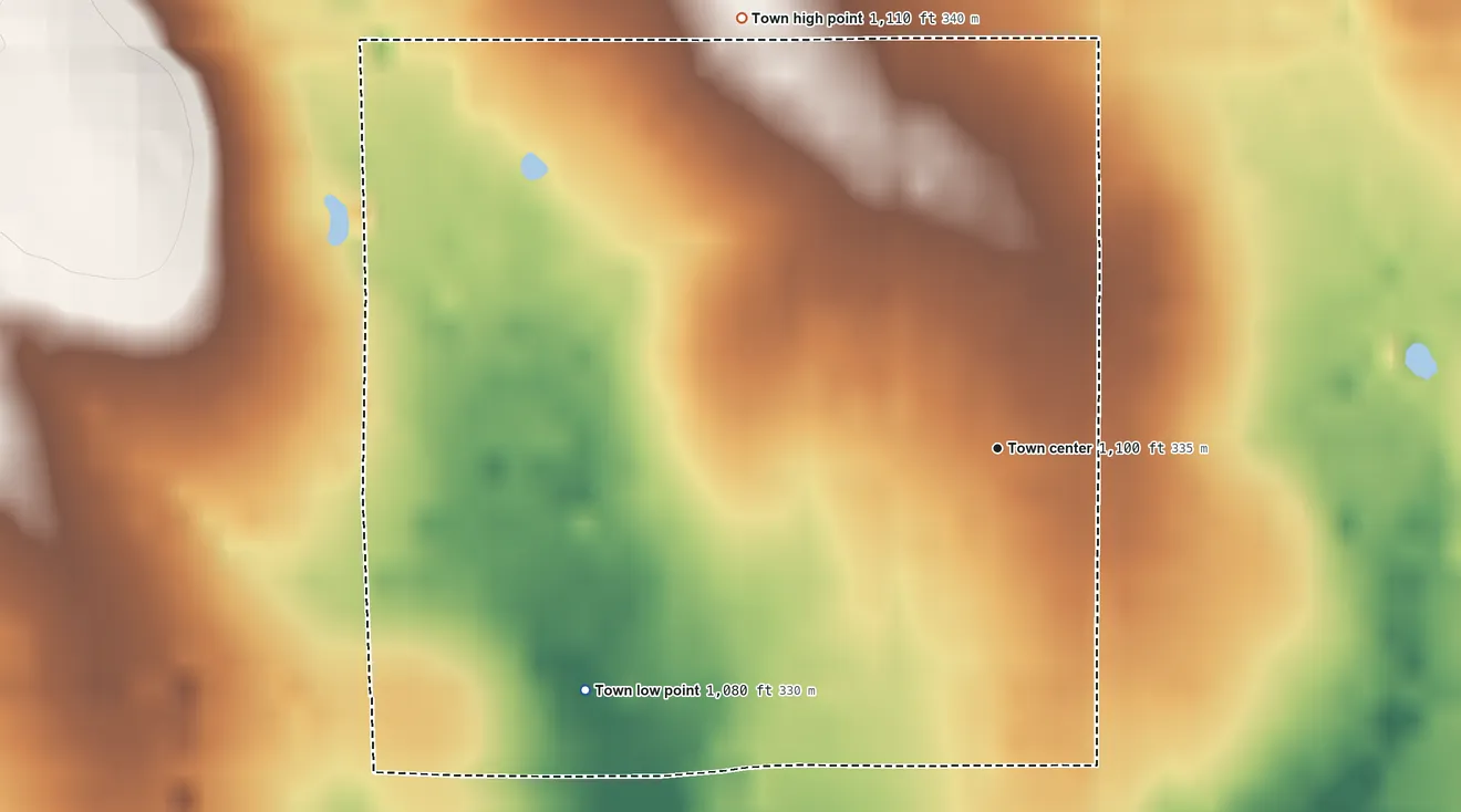Topographic elevation map of Webb City, Oklahoma, shaded from 1,080 ft on the southwest side to 1,110 ft on the northwest side