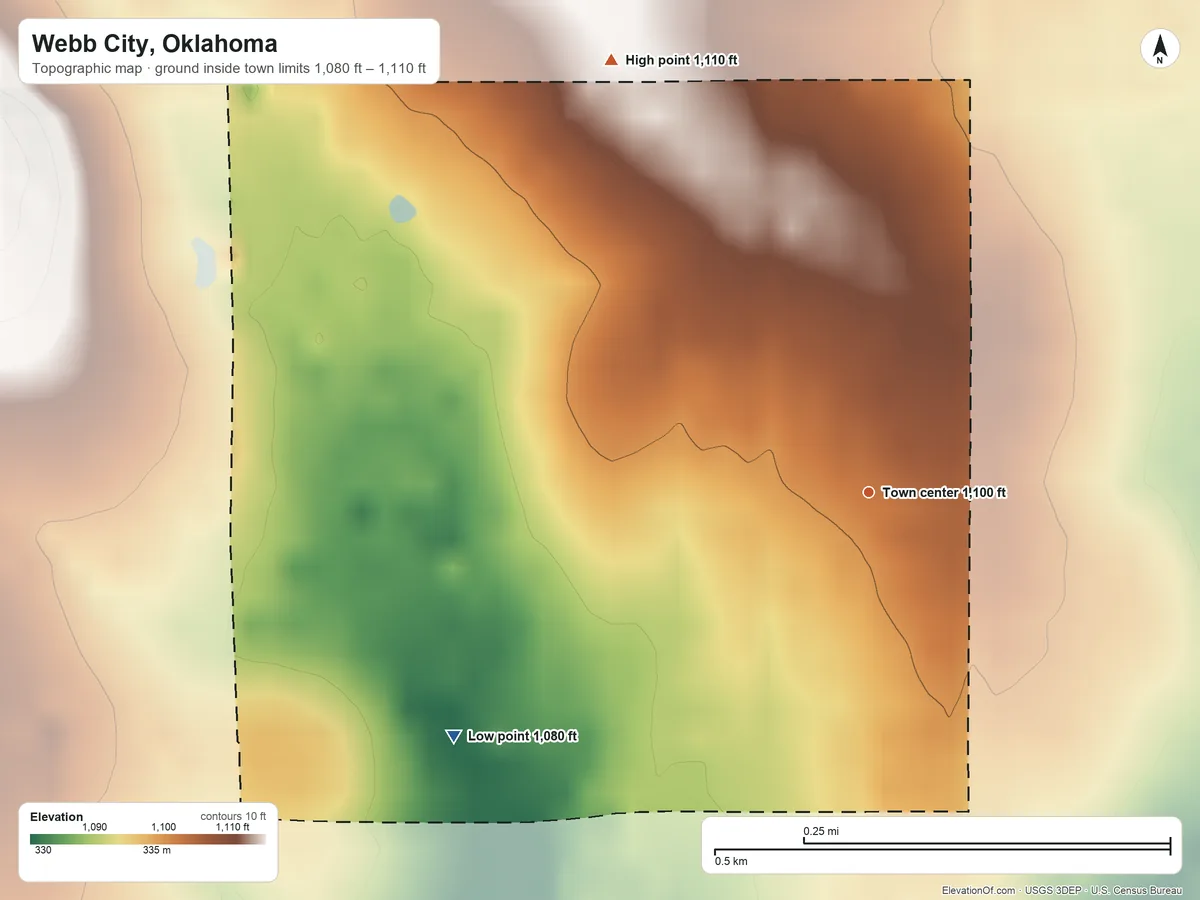 Topographic elevation map of Webb City, Oklahoma, shaded from 1,080 ft on the southwest side to 1,110 ft on the northwest side