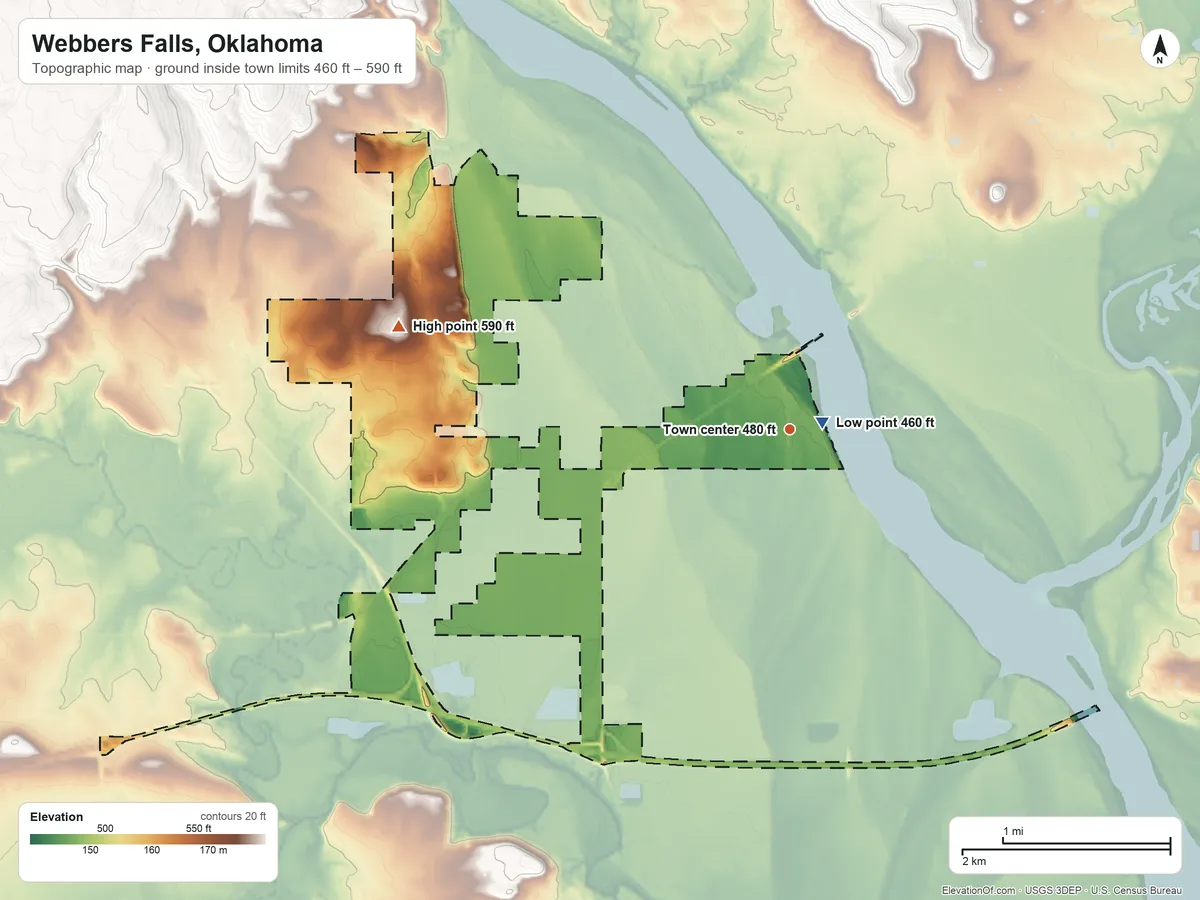 Topographic elevation map of Webbers Falls, Oklahoma, shaded from 460 ft near the middle to 590 ft on the west side