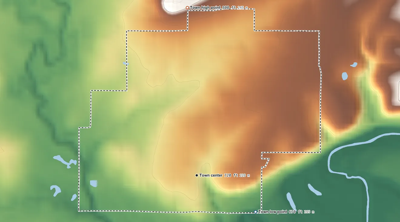 Topographic elevation map of Weleetka, Oklahoma, shaded from 670 ft on the southeast side to 800 ft on the north side