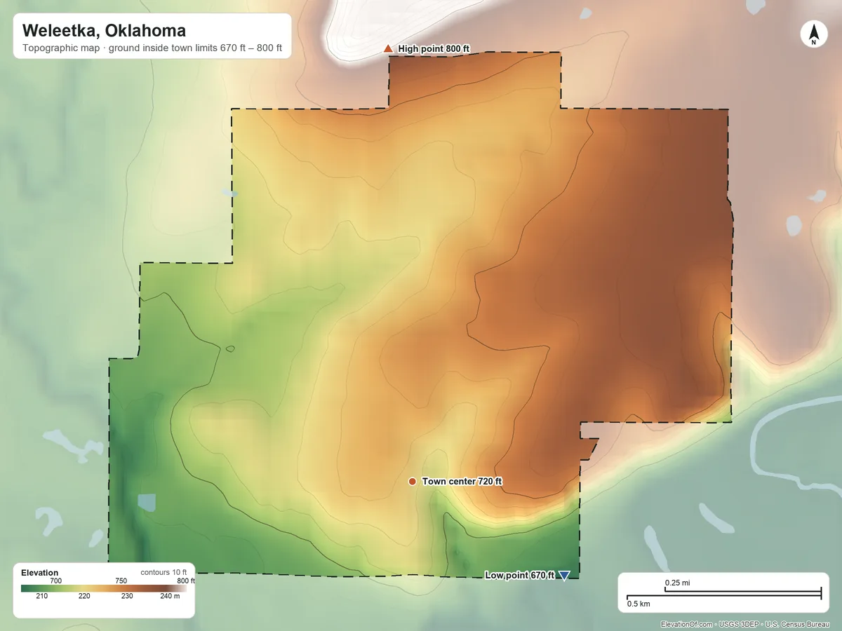 Topographic elevation map of Weleetka, Oklahoma, shaded from 670 ft on the southeast side to 800 ft on the north side