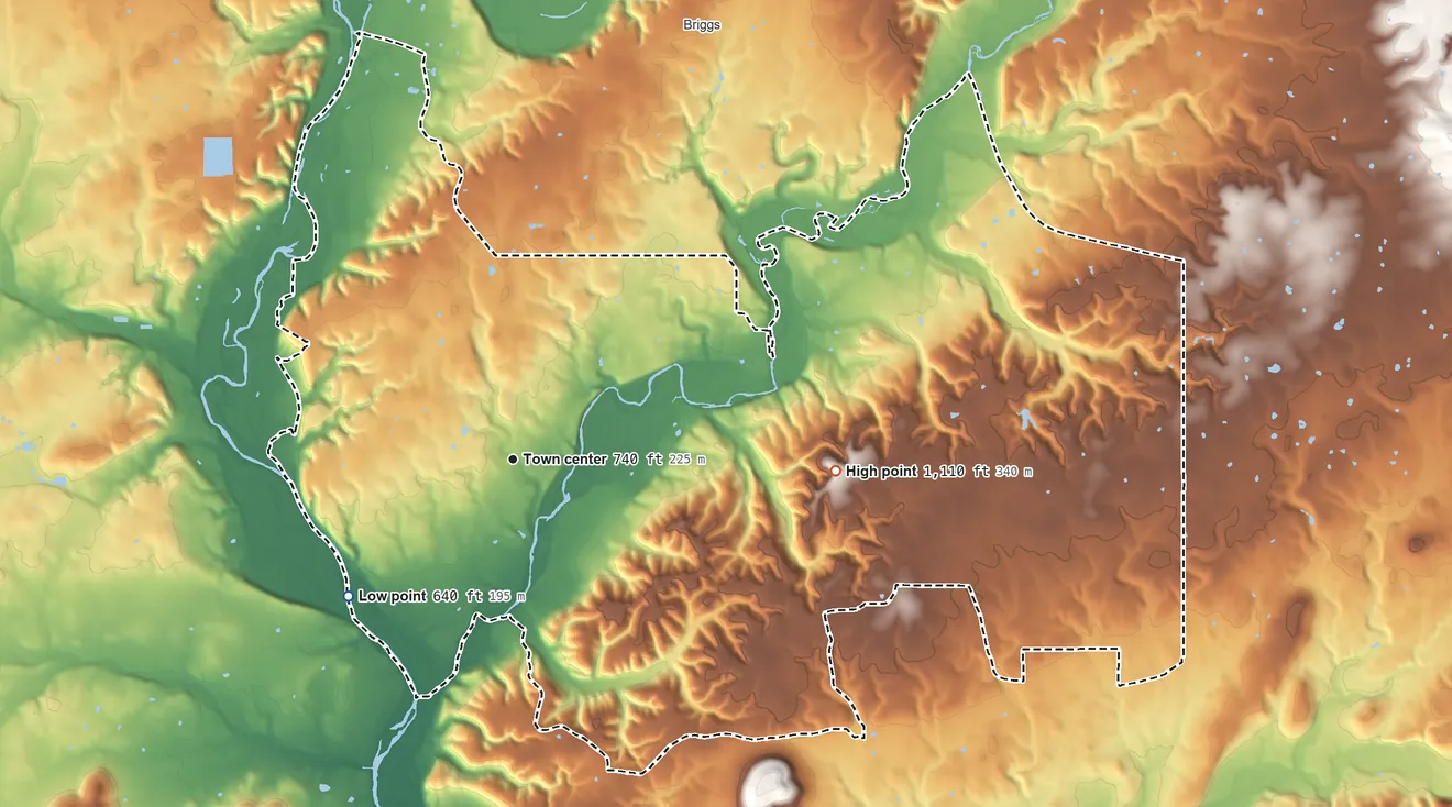 Topographic elevation map of Welling, Oklahoma, shaded from 640 ft on the southwest side to 1,110 ft on the east side
